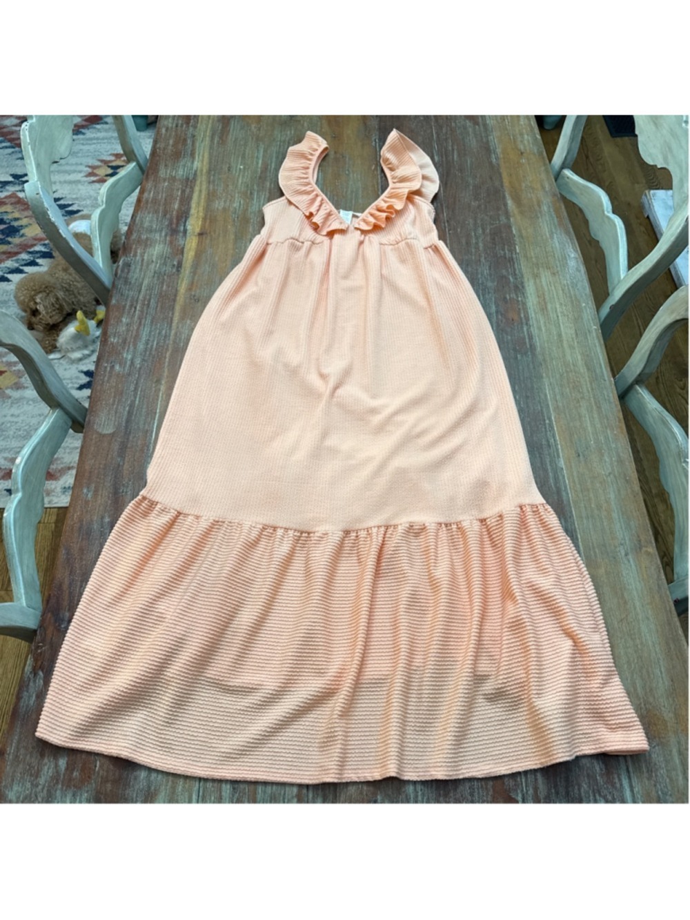 Caution to the Wind Peach Ribbed Ruffle Tiered Maxi Dress Small